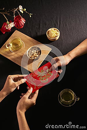 Chinese Lunar New Year concept red envelope with Chinese character means happiness or good fortune, the chinese sentence means â€œ Stock Photo